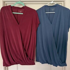 LOFT Red Wrap Blouse with V-Neck and Draped Design